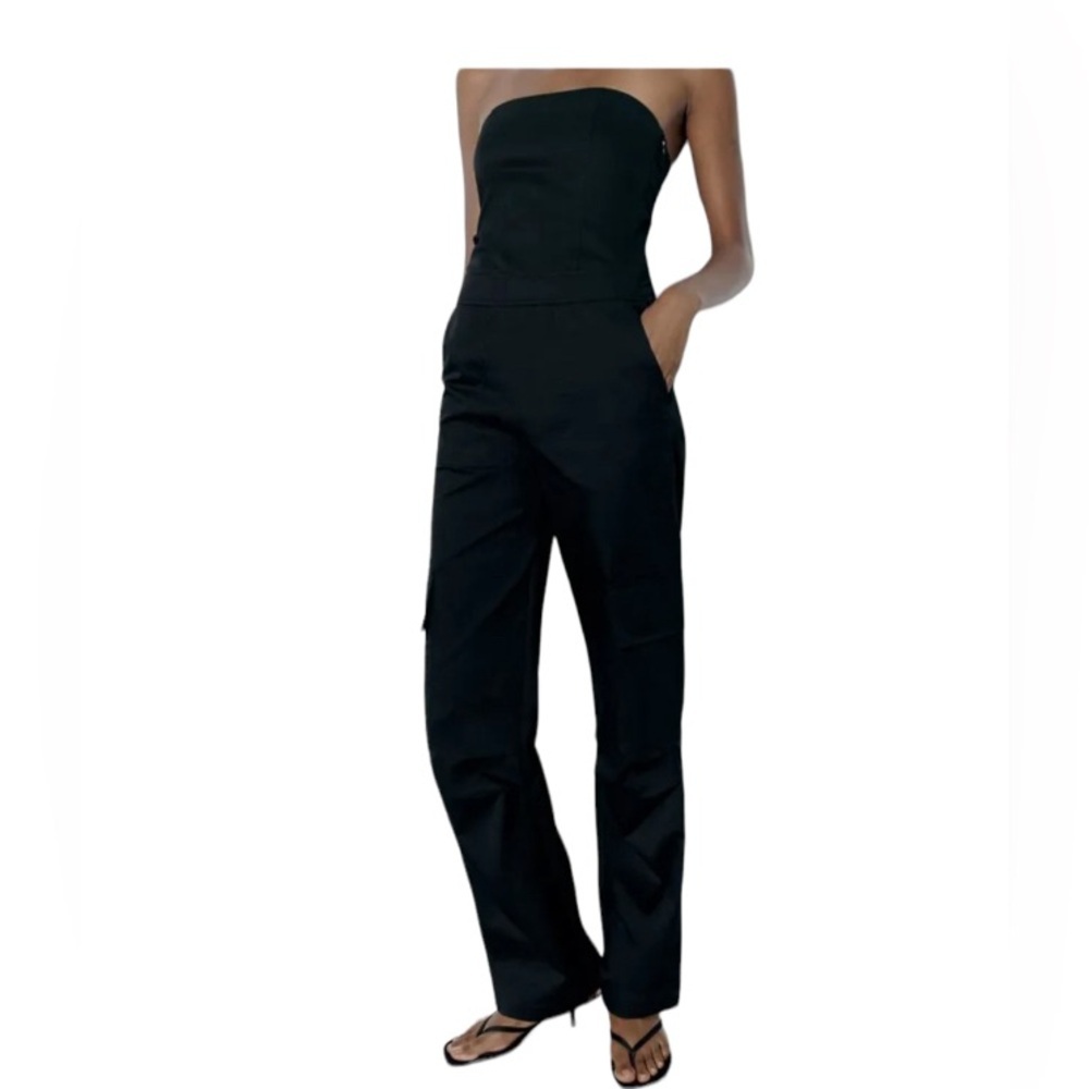 Zara strapless cargo jumpsuit black Sz S New W Tags highly coveted favorite Y2K